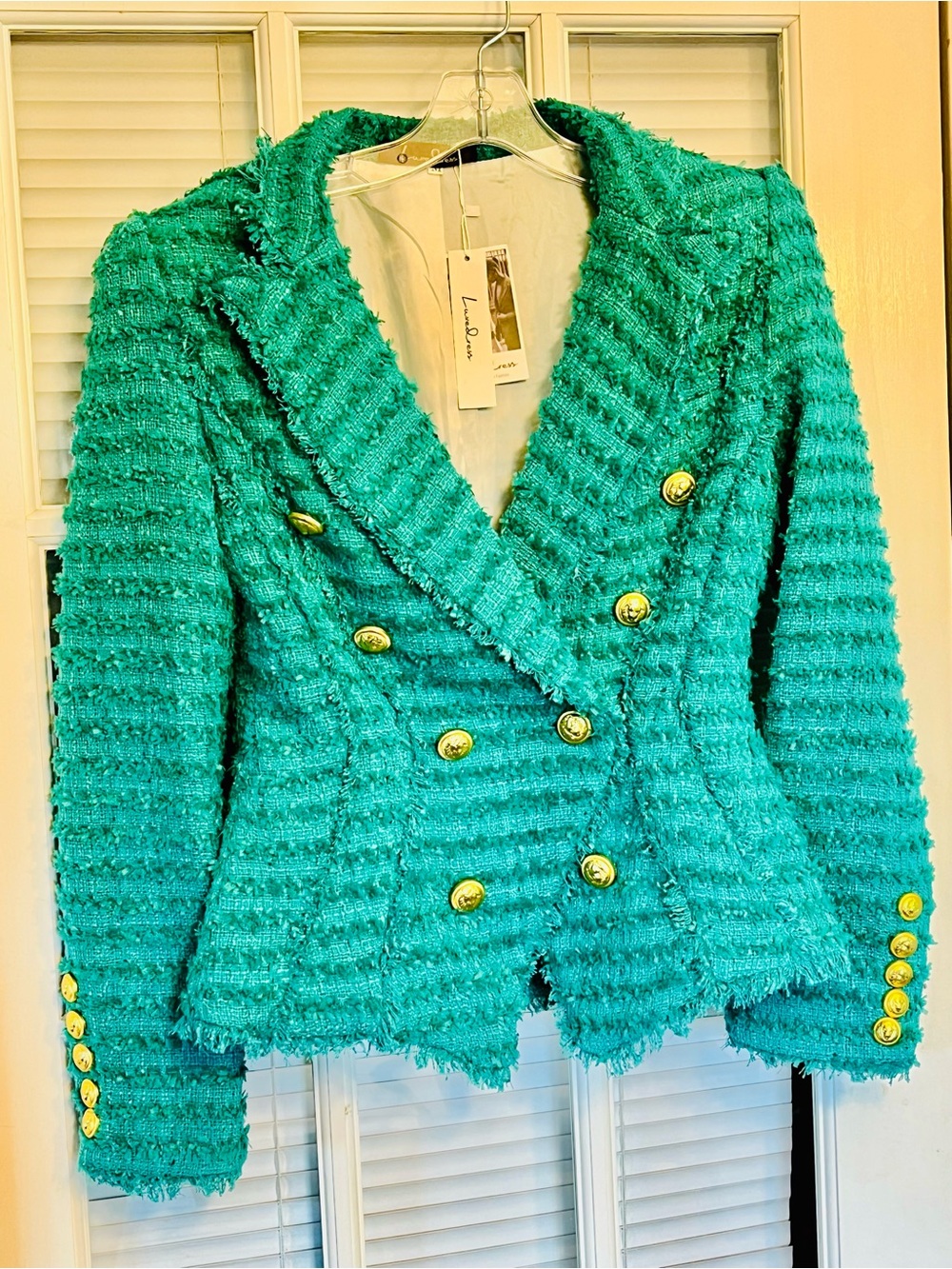 Luxurious Teal Bouclé Double-Breasted Blazer with Gold Buttons